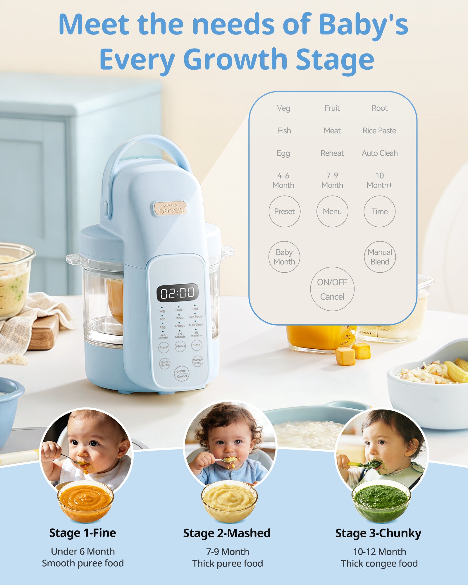 Automatic Baby Food Maker Glass Puree Processor Steamer & Blender | Baby Blue