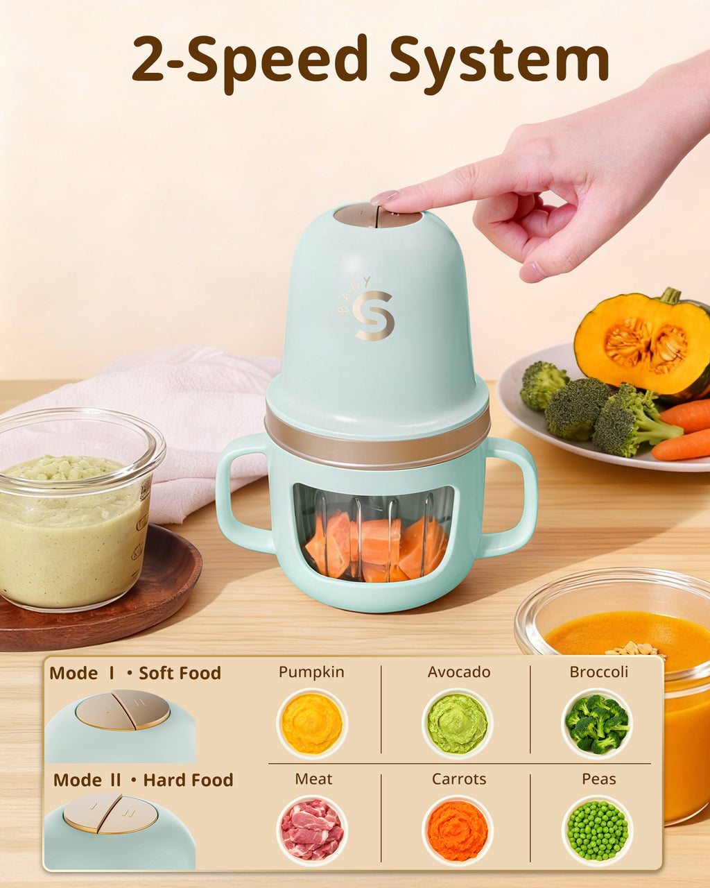 Glass Baby Food Maker, 2 Speed Modes Baby Food Mill, Processor Set | SosekiBaby FM02 Green