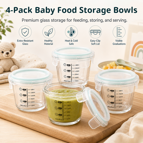 Glass Baby Food Containers, 4 Pack 8oz Freezer Safe Baby Puree Storage |SosekiBaby