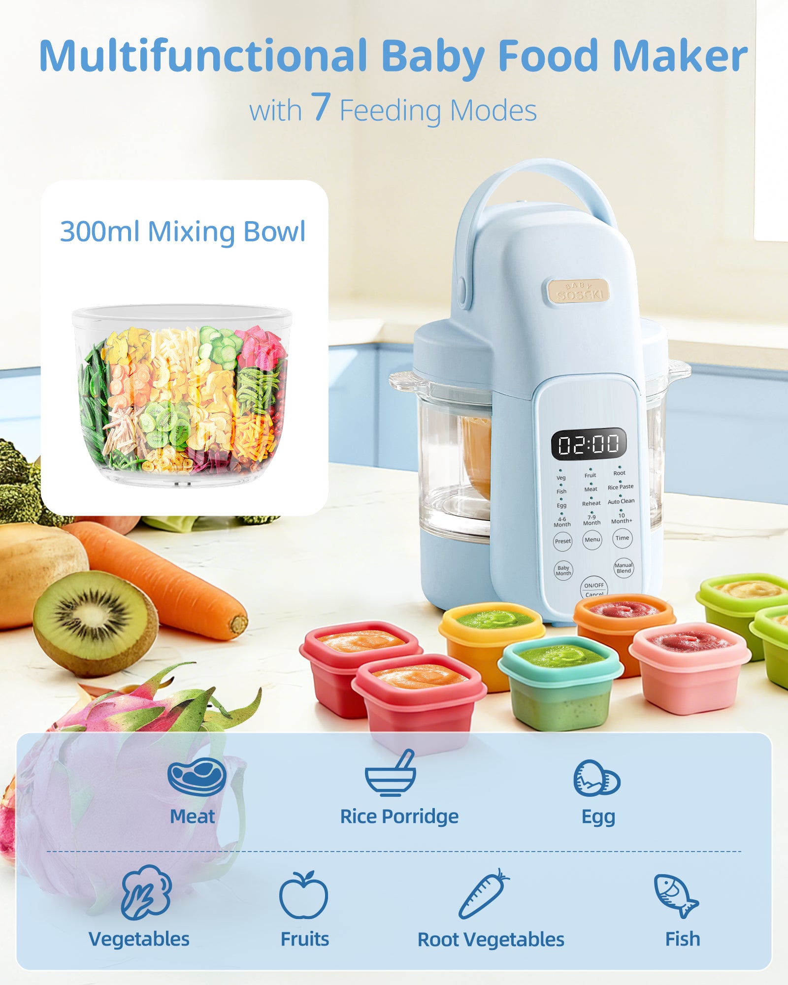 Automatic Baby Food Maker Glass Puree Processor Steamer & Blender | Baby Blue