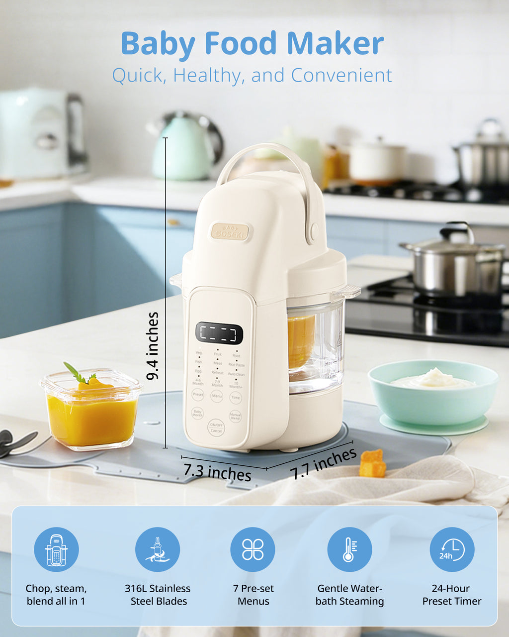 Baby Food Maker Glass Automatic Puree Processor Steamer & Blender, BPA-Free | SosekiBaby FM01