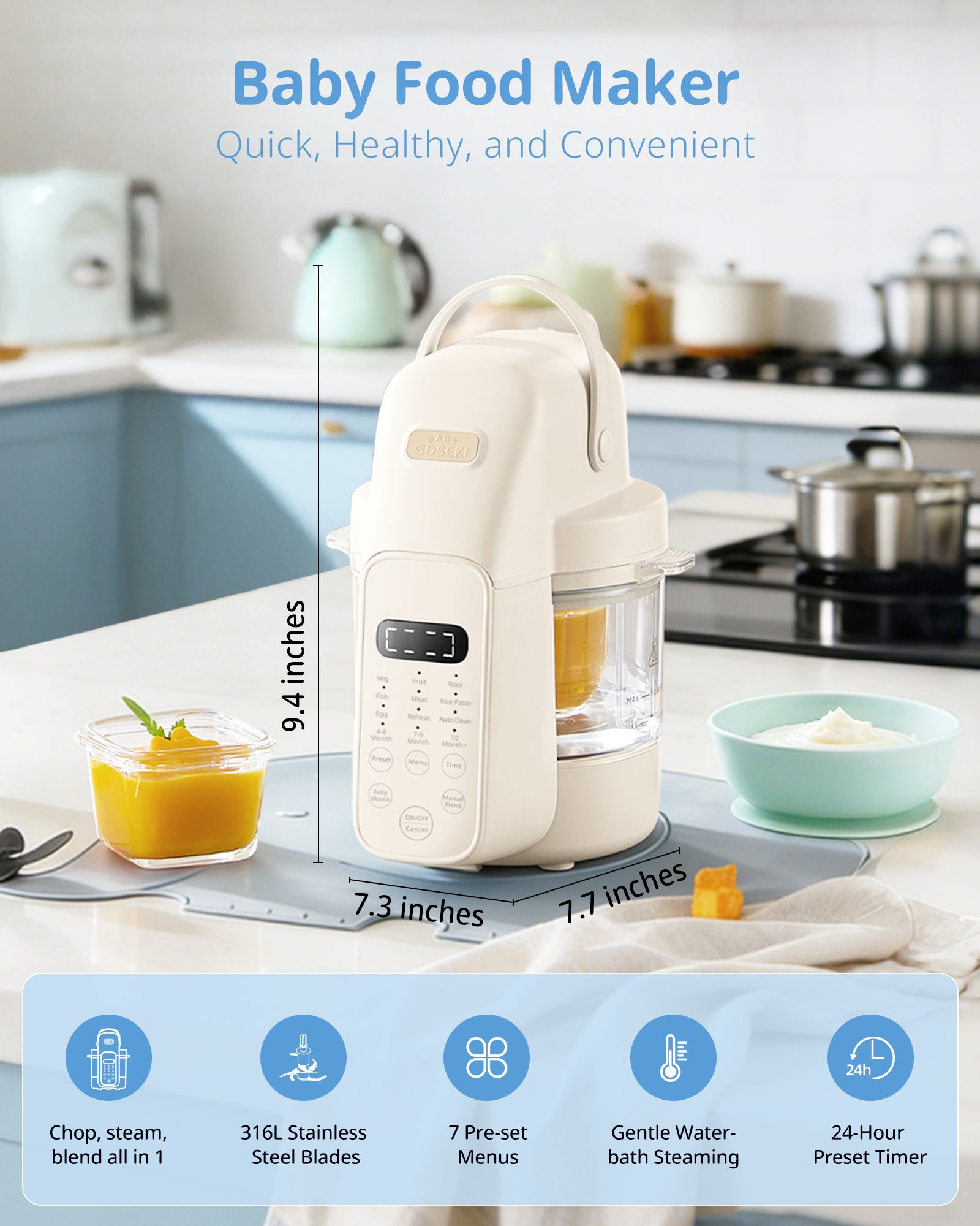 Baby Food Maker Glass Automatic Puree Processor Steamer & Blender, BPA-Free | SosekiBaby FM01